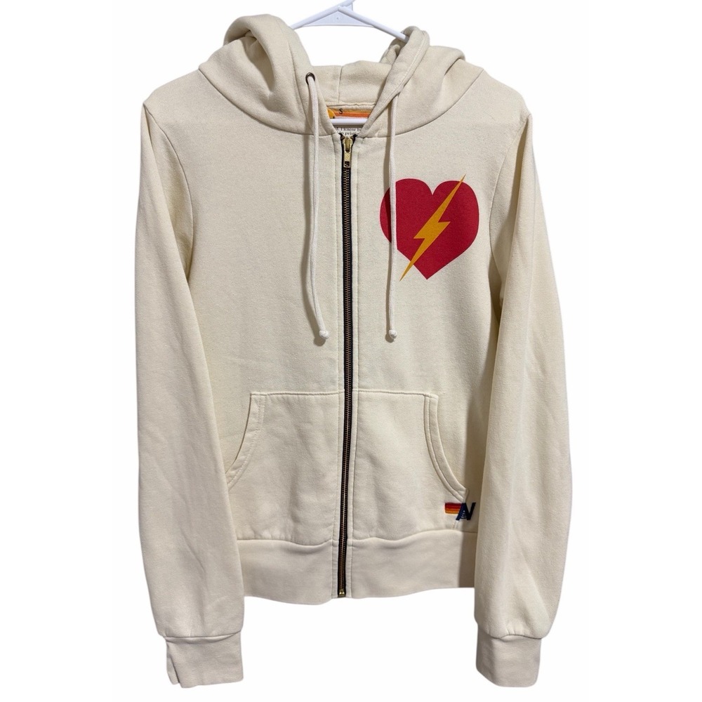 Aviator Nation Bolt Heart Zip Hoodie Vintage White Size‎ Small